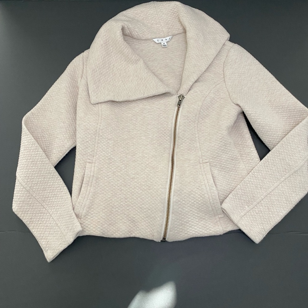 CAbi Ivory Quilted Asymmetrical Zip Bomber Jacket